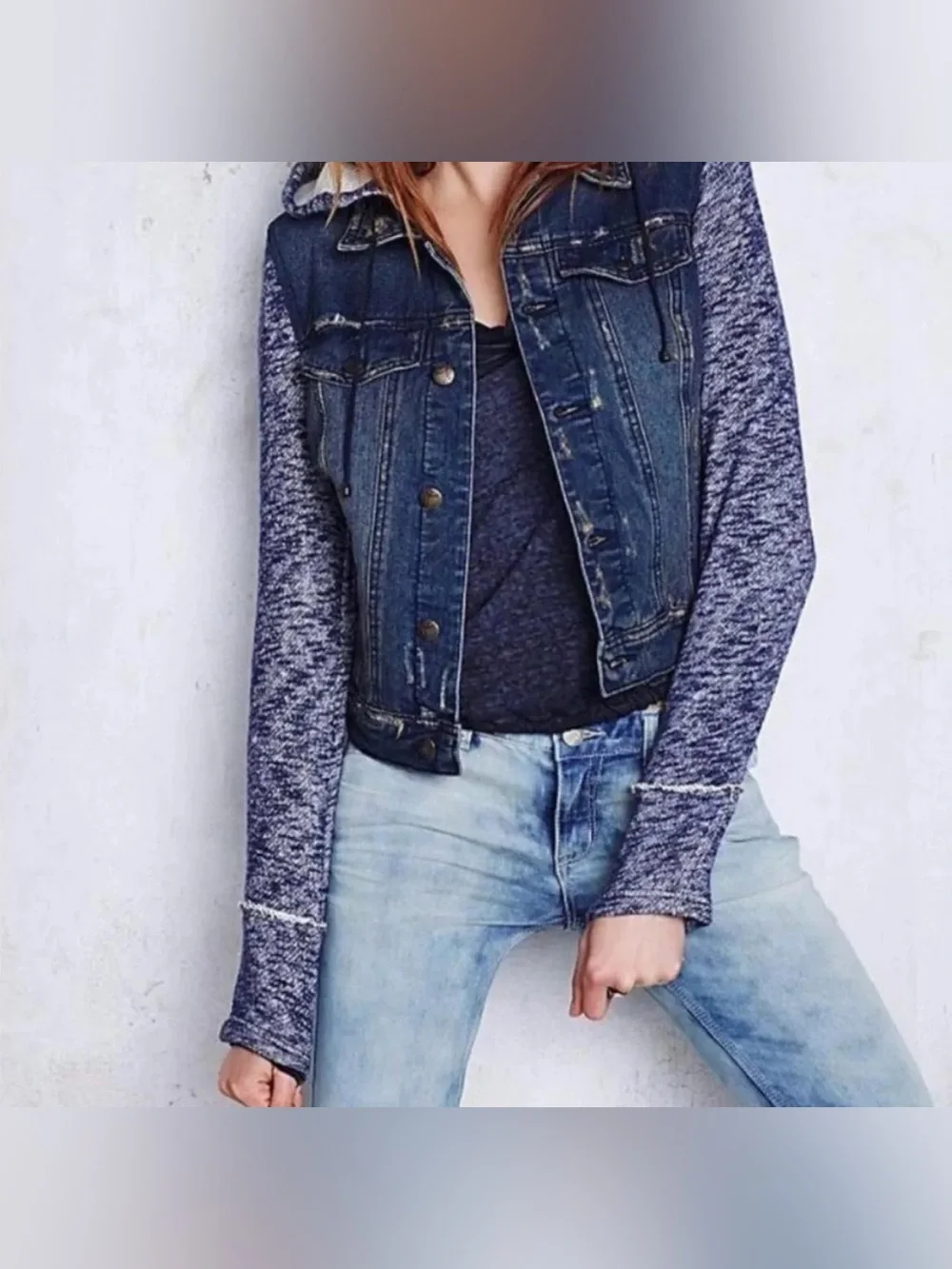 Free People Distressed Denim Hoodie Jacket Size Small - Picture 2 of 8